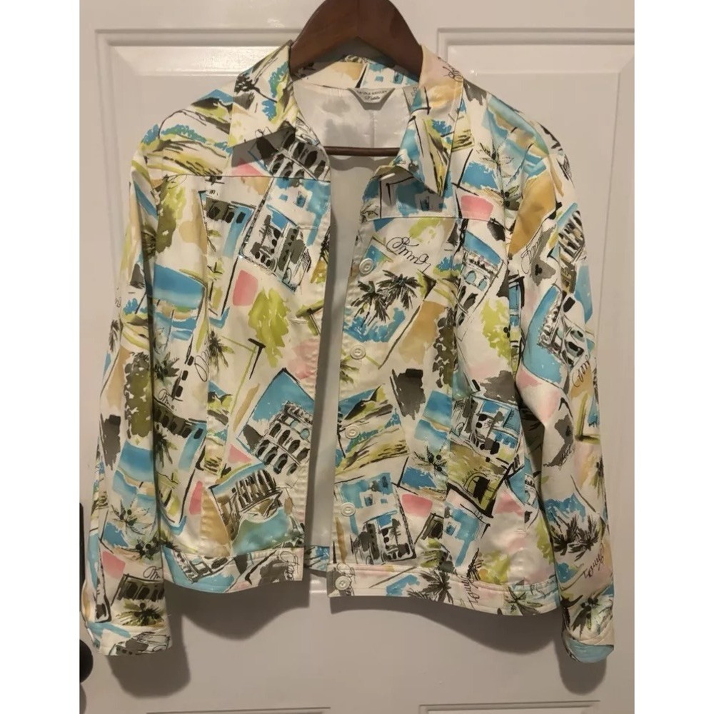 Vintage Laura Ashley Button Up Jacket Petite Medium Bright Floral‎ Palms Beach